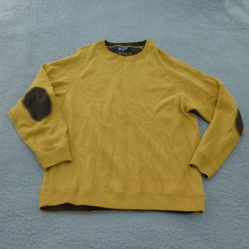 Cremieux Sweater Mens XL Mustard Yellow Crewneck Brown Elbow Patches Raglan